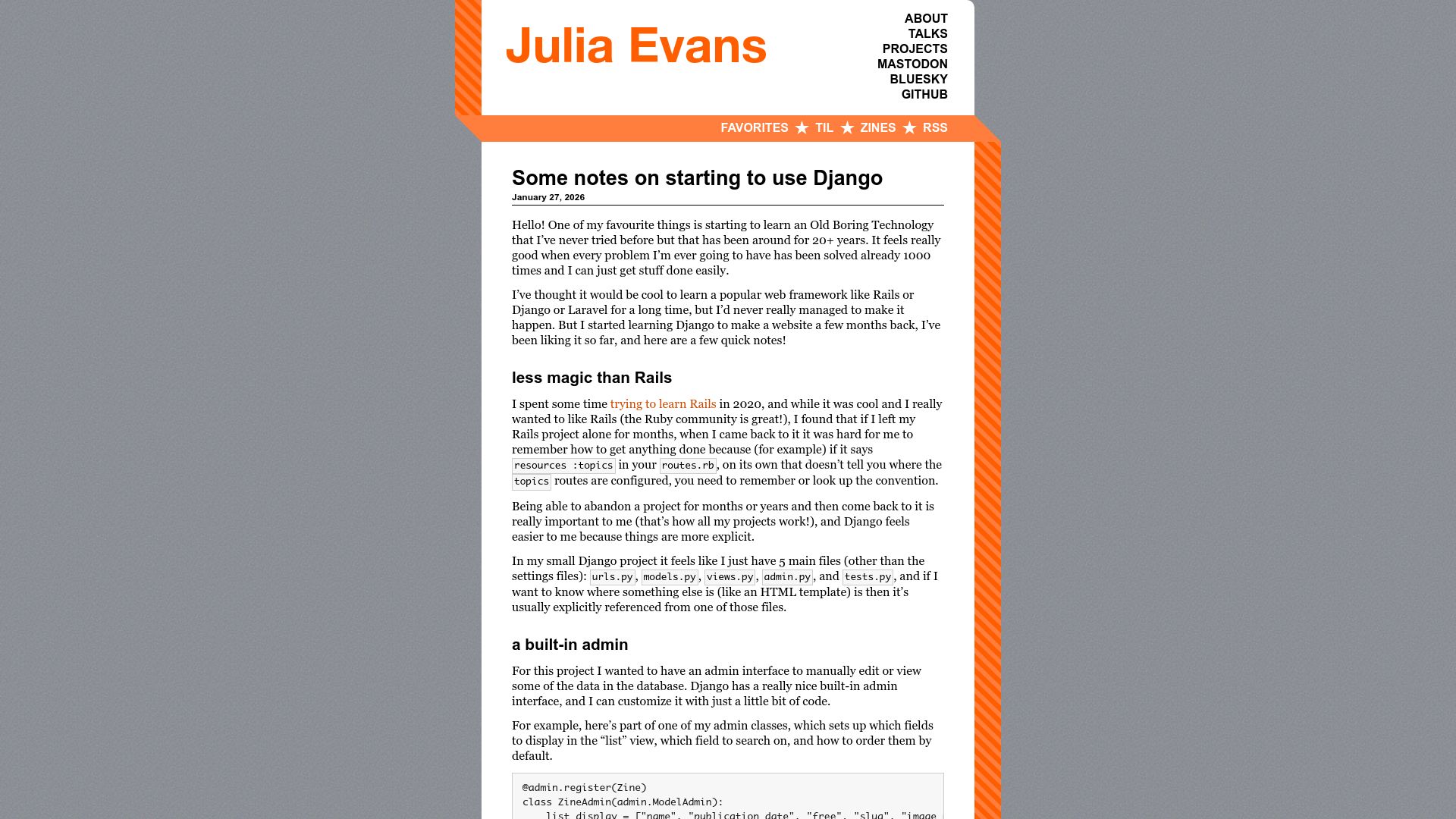 Screenshot of jvns.ca: Some notes on starting to use Django