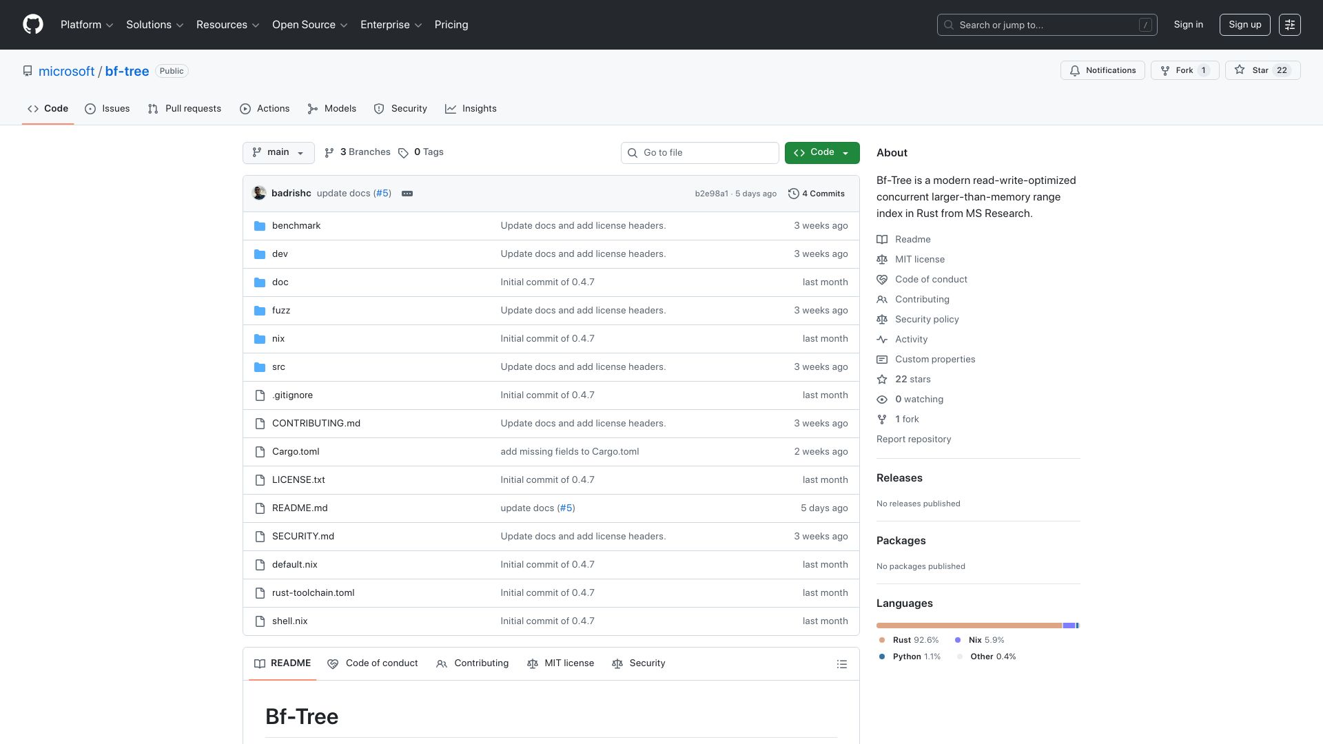 Screenshot of github.com: Bf-Tree: modern read-write-optimized concurrent larger-than-memory range index