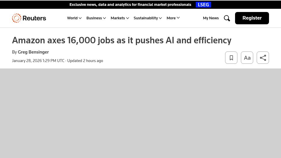 Screenshot of reuters.com: Amazon cuts 16k jobs