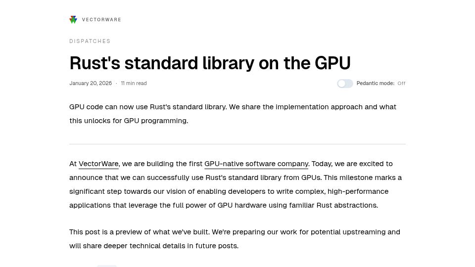 Screenshot of vectorware.com: Rust’s Standard Library on the GPU