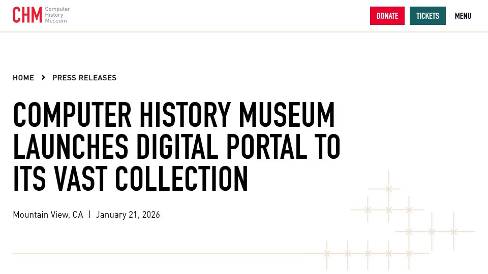 Screenshot of computerhistory.org: Computer History Museum Launches Digital Portal to Its Collection