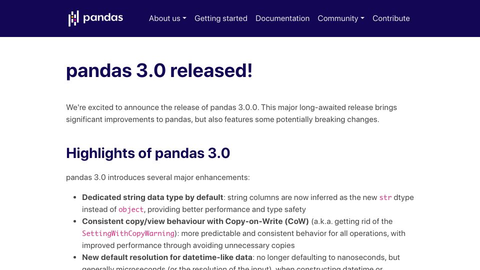 Screenshot of pandas.pydata.org: Pandas 3.0