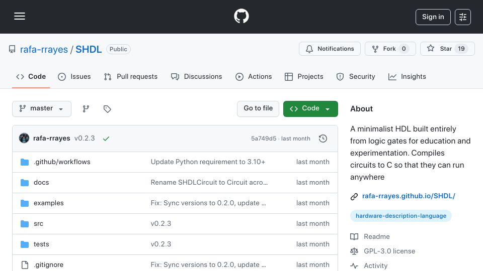 Screenshot of github.com: Show HN: SHDL – A minimal hardware description language built from logic gates