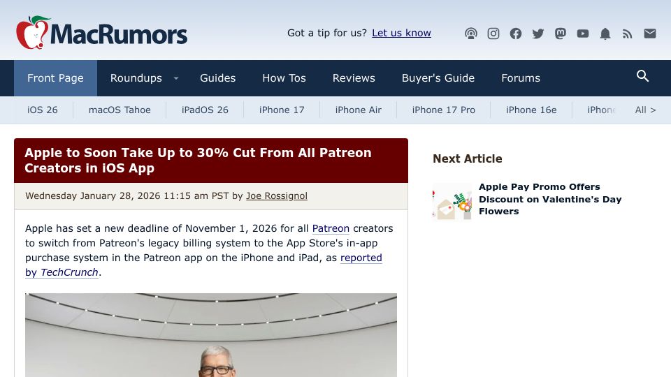 Screenshot of macrumors.com: Apple to soon take up to 30% cut from all Patreon creators in iOS app
