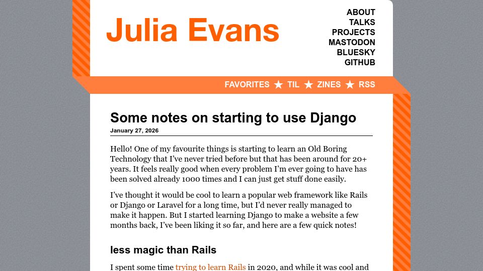 Screenshot of jvns.ca: Some notes on starting to use Django