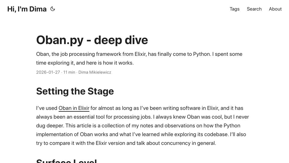 Screenshot of dimamik.com: Oban, the job processing framework from Elixir, has come to Python