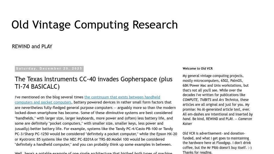 Screenshot of oldvcr.blogspot.com: The Texas Instruments CC-40 invades Gopherspace (plus TI-74 BASICALC)
