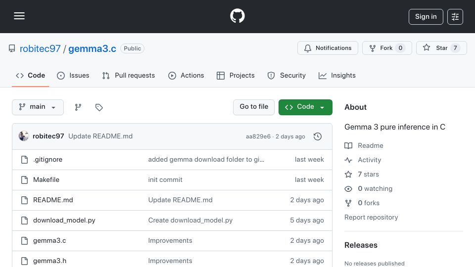 Screenshot of github.com: I have written gemma3 inference in pure C