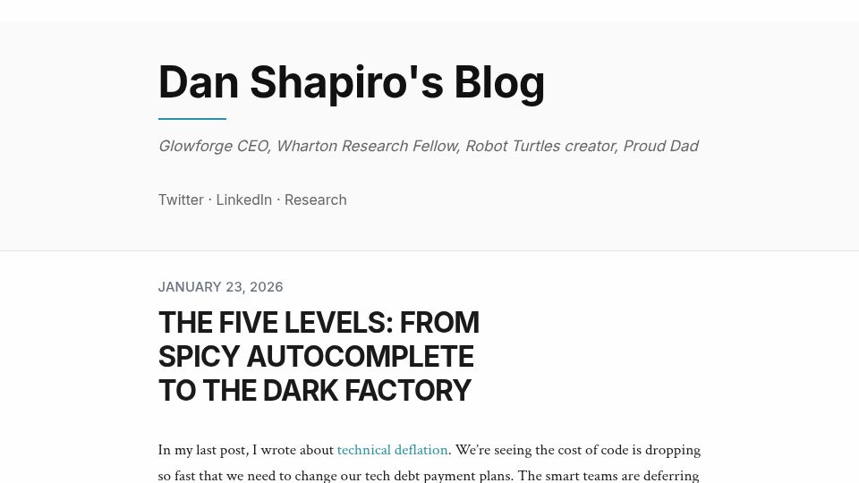Screenshot of danshapiro.com: The Five Levels: From spicy autocomplete to the dark factory