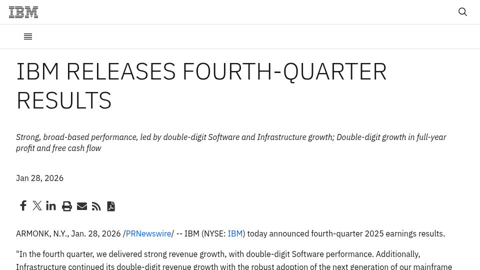 Screenshot of newsroom.ibm.com: IBM Mainframe Business Jumps 67%