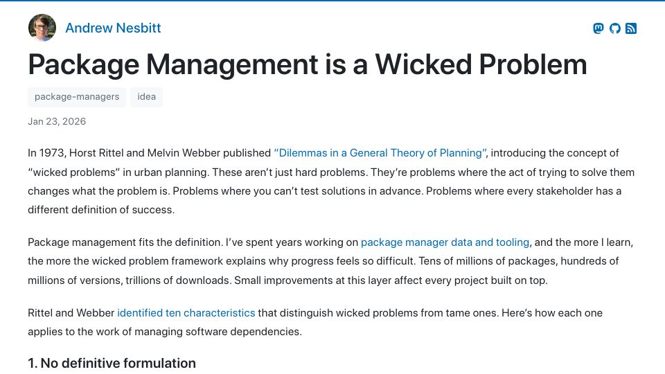 Screenshot of nesbitt.io: Package management is a wicked problem