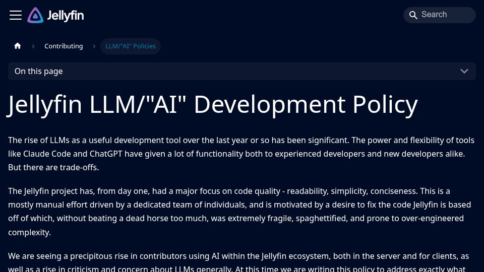 Screenshot of jellyfin.org: Jellyfin LLM/"AI" Development Policy