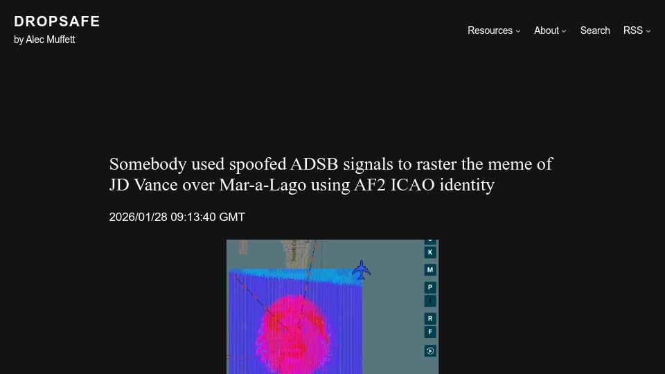 Screenshot of alecmuffett.com: Somebody used spoofed ADSB signals to raster the meme of JD Vance