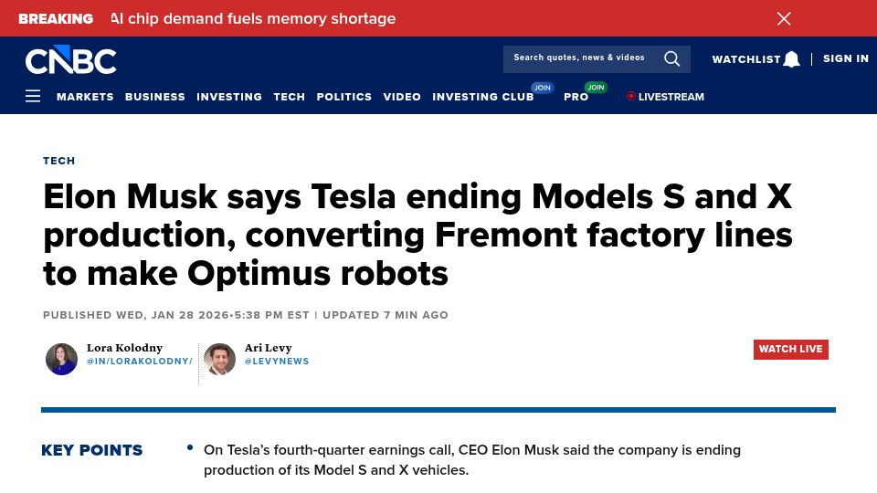 Screenshot of cnbc.com: Tesla ending Models S and X production