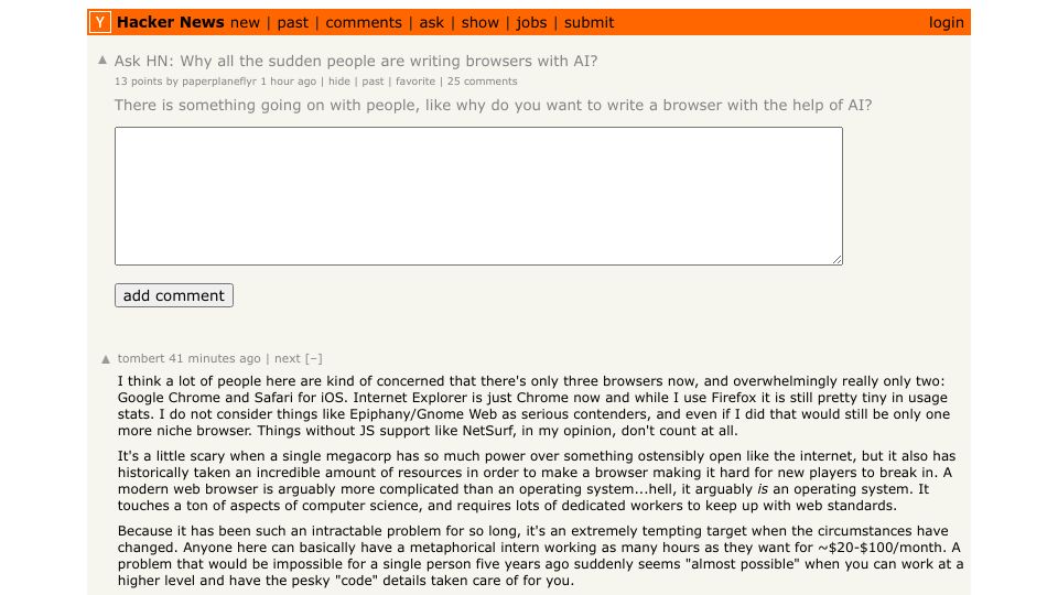 Screenshot of Hacker News post: Ask HN: Why all the sudden people are writing browsers with AI?