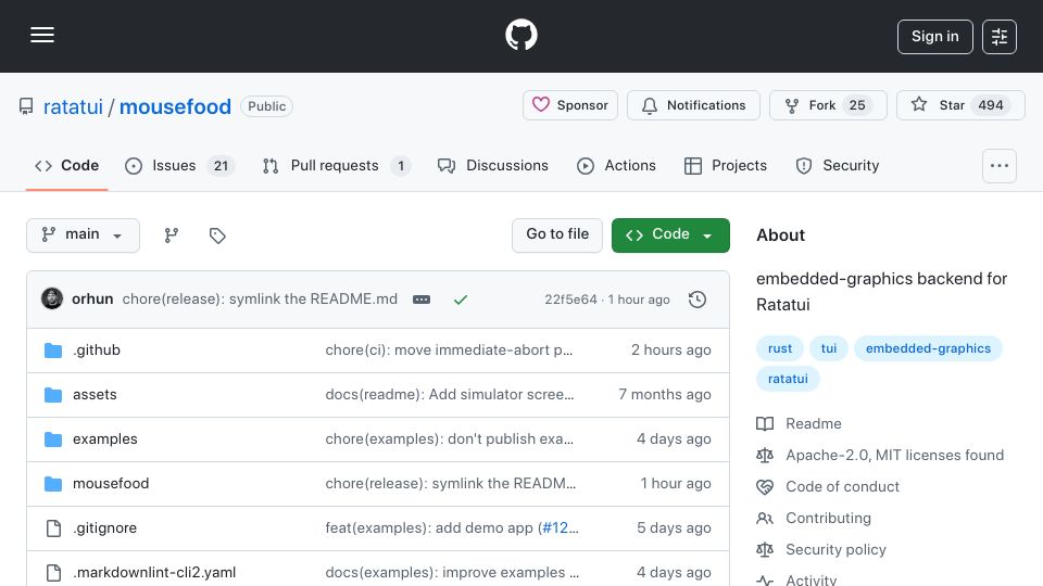 Screenshot of github.com: Mousefood – Build embedded terminal UIs for microcontrollers