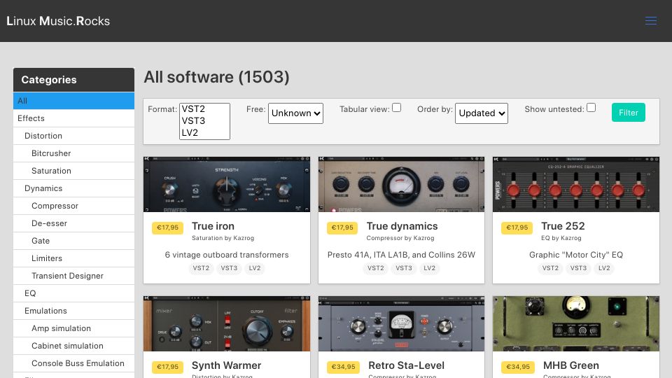 Screenshot of linuxmusic.rocks: Native Linux VST plugin directory