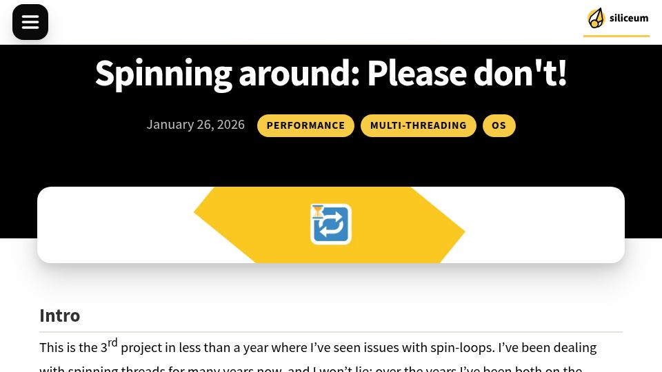 Screenshot of siliceum.com: Spinning around: Please don’t – Common problems with spin locks