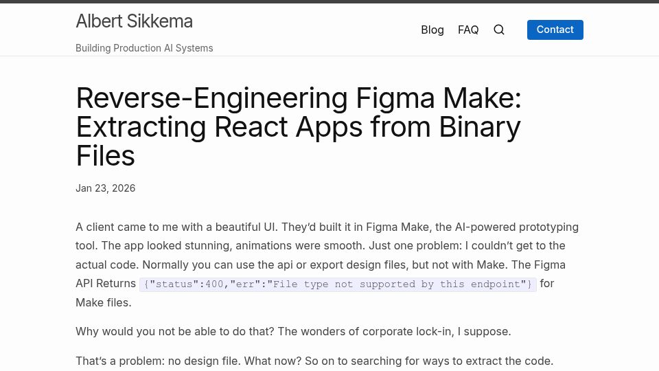 Screenshot of albertsikkema.com: Show HN: Extracting React apps from Figma Make's undocumented binary format