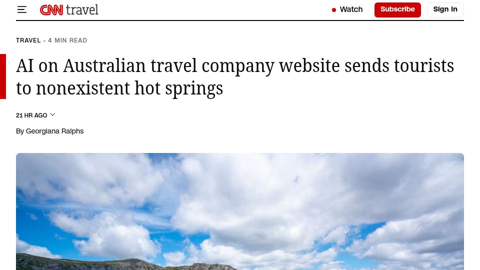 Screenshot of cnn.com: AI on Australian travel company website sent tourists to nonexistent hot springs