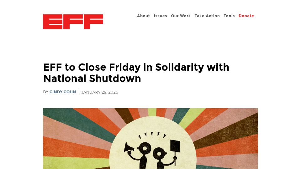 Screenshot of eff.org: EFF to Close Friday in Solidarity with National Shutdown