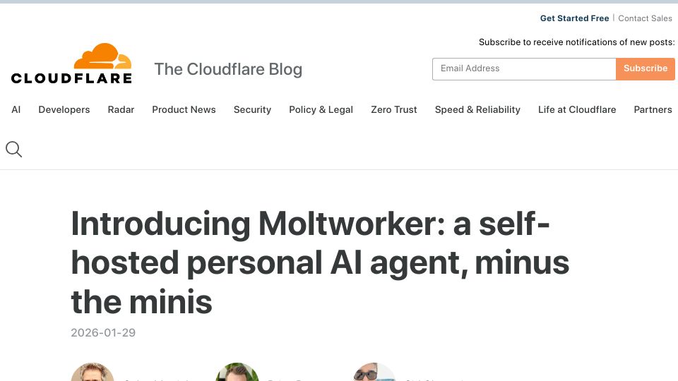 Screenshot of blog.cloudflare.com: Moltworker: a self-hosted personal AI agent, minus the minis