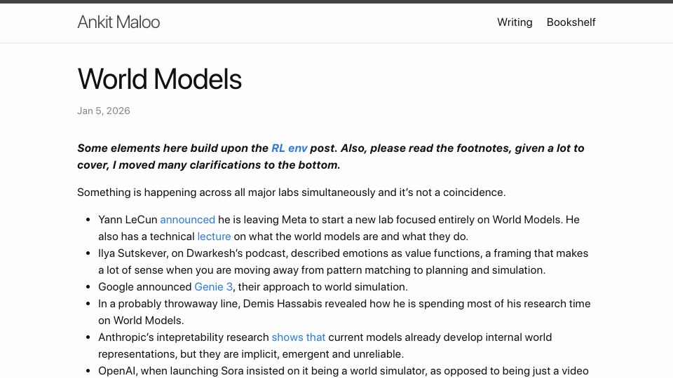Screenshot of ankitmaloo.com: World Models