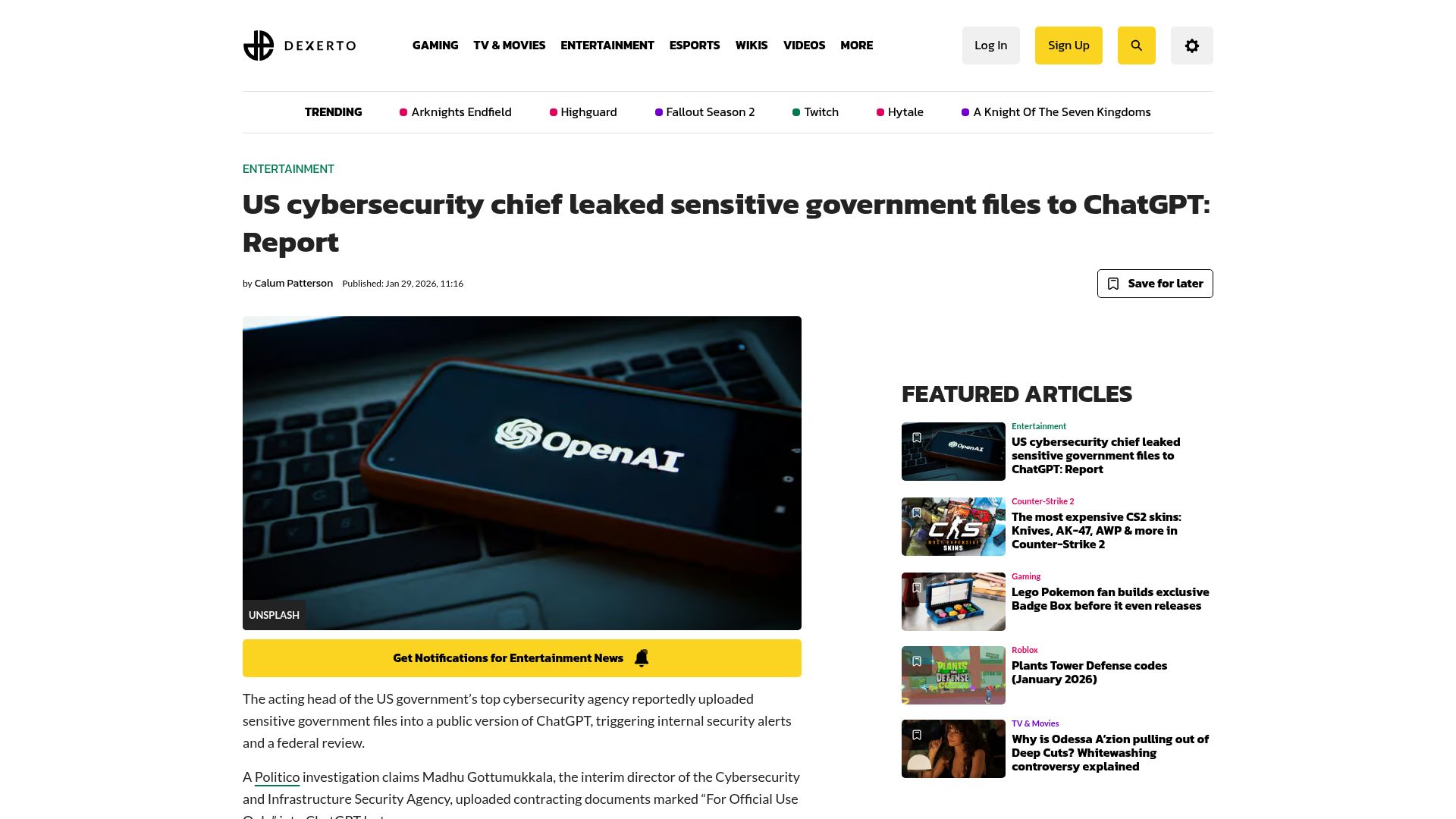 Screenshot of dexerto.com: US cybersecurity chief leaked sensitive government files to ChatGPT: Report