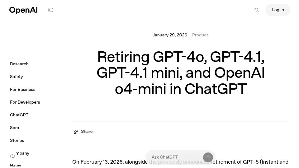 Screenshot of openai.com: Retiring GPT-4o, GPT-4.1, GPT-4.1 mini, and OpenAI o4-mini in ChatGPT