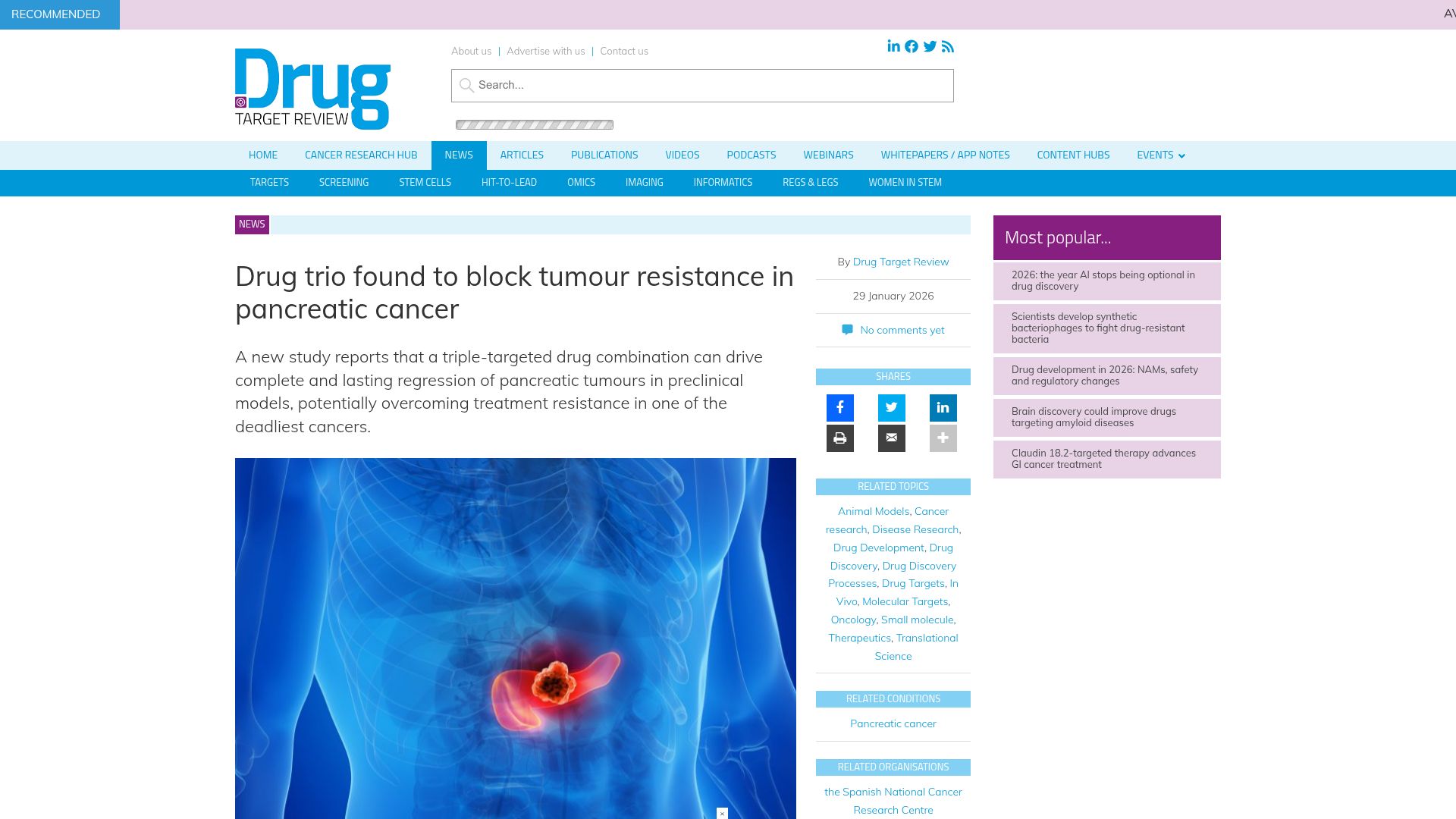 Screenshot of drugtargetreview.com: Drug trio found to block tumour resistance in pancreatic cancer in mouse models