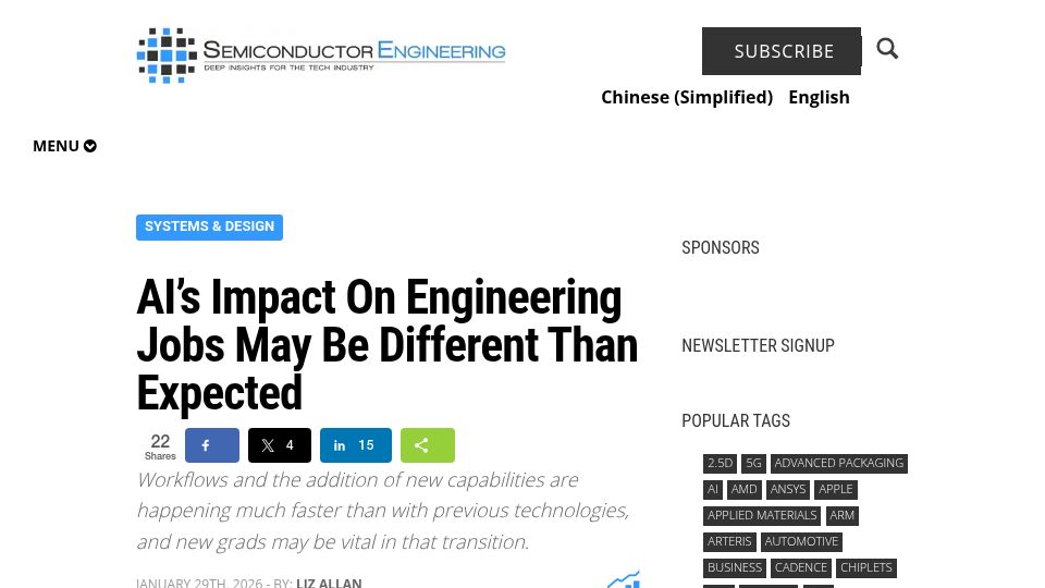 Screenshot of semiengineering.com: AI's impact on engineering jobs may be different than expected