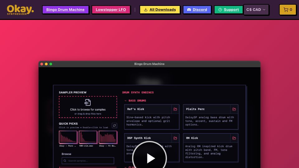 Screenshot of okaysynthesizer.com: Show HN: Drum machine VST made with React/C++