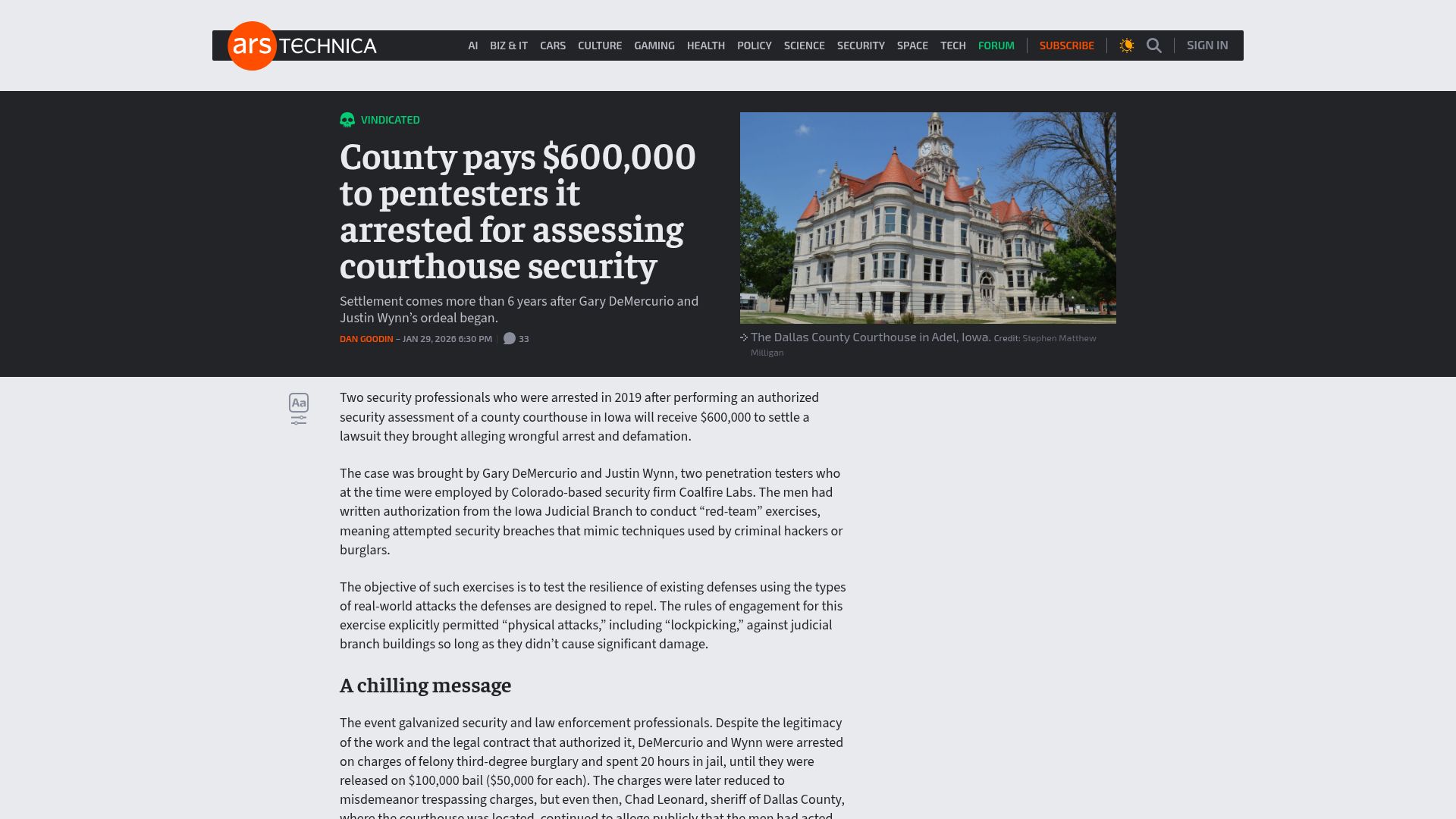 Screenshot of arstechnica.com: County pays $600k to pentesters it arrested for assessing courthouse security