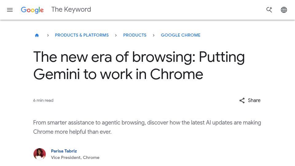 Screenshot of blog.google: Putting Gemini to Work in Chrome