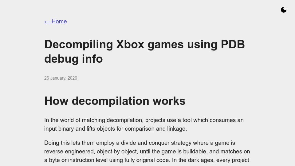 Screenshot of i686.me: Decompiling Xbox games using PDB debug info