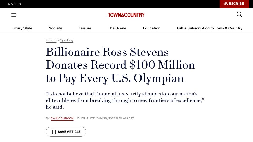 Screenshot of townandcountrymag.com: Ross Stevens Donates $100M to Pay Every US Olympian and Paralympian $200k