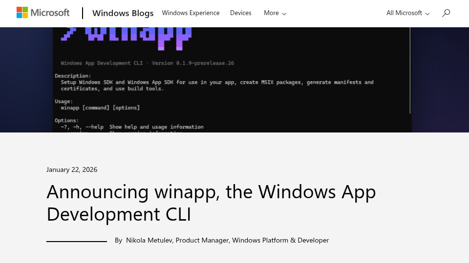 Screenshot of blogs.windows.com: Winapp, the Windows App Development CLI