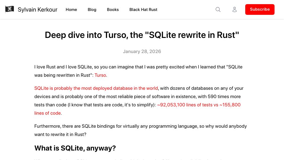 Screenshot of kerkour.com: Deep dive into Turso, the “SQLite rewrite in Rust”