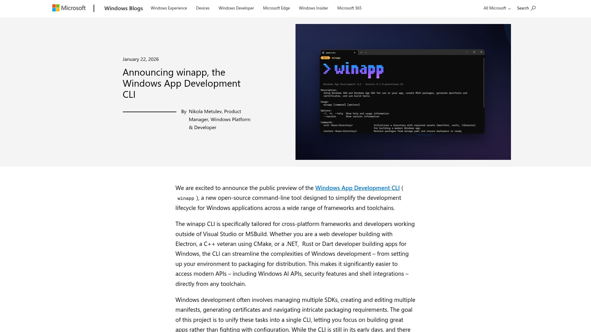 Screenshot of blogs.windows.com: Winapp, the Windows App Development CLI