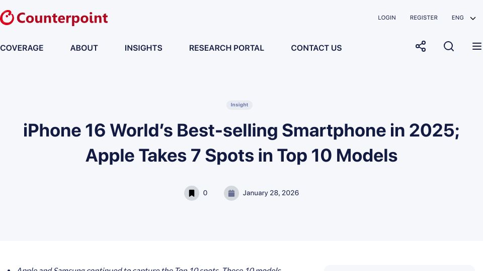 Screenshot of counterpointresearch.com: iPhone 16 Best-Selling Smartphone in 2025; Apple Takes 7 Spots in Top Models