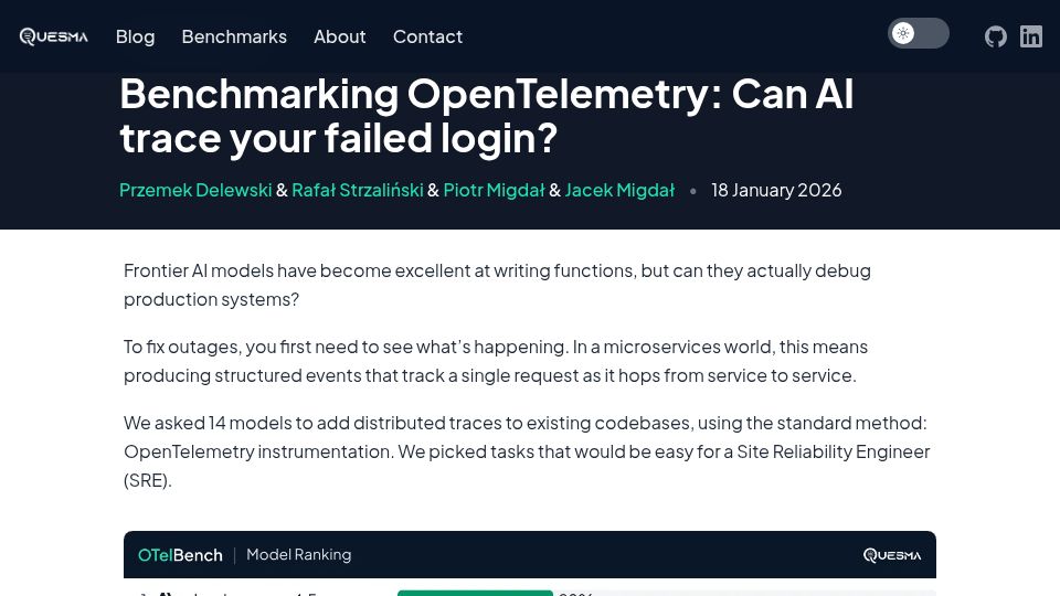 Screenshot of quesma.com: OTelBench: AI struggles with simple SRE tasks (Opus 4.5 scores only 29%)
