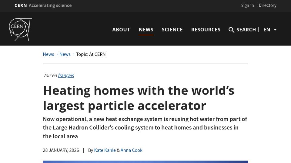 Screenshot of home.cern: Heating homes with the largest particle accelerator