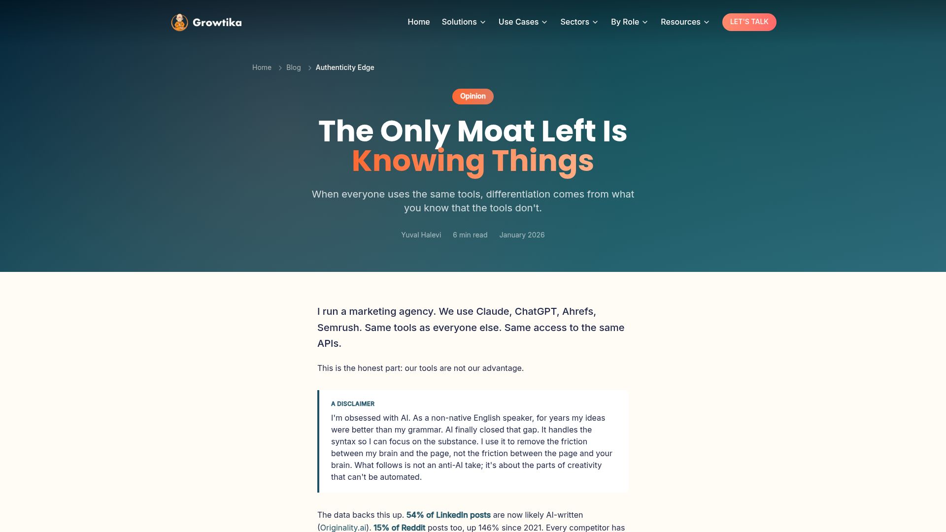 Screenshot of growtika.com: The only moat left is knowing things