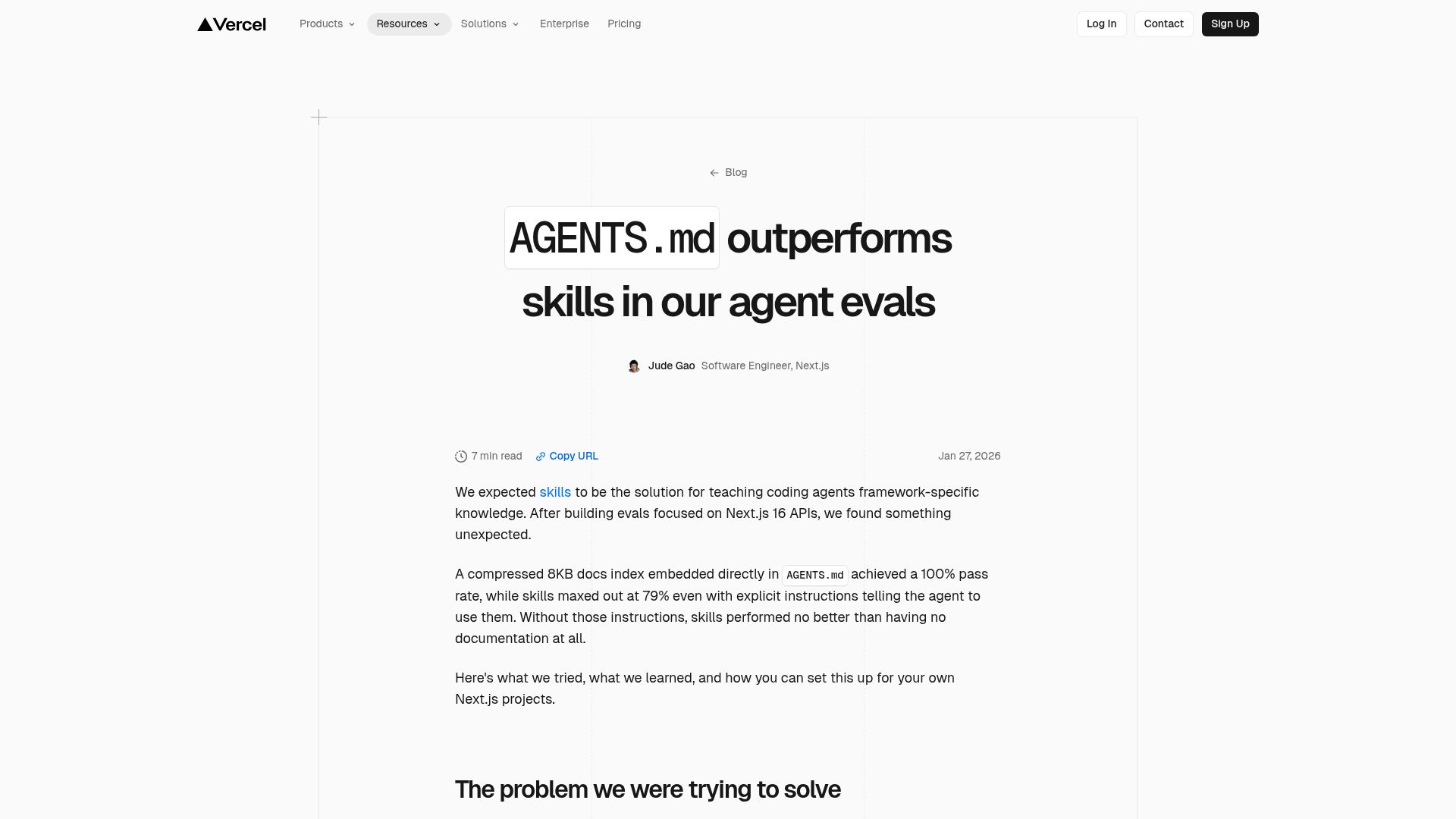 Screenshot of vercel.com: AGENTS.md outperforms skills in our agent evals