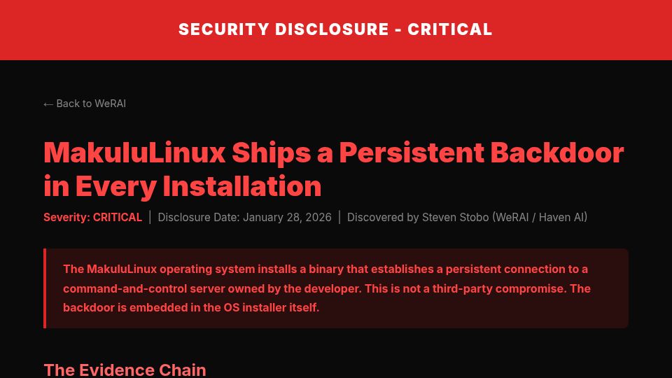 Screenshot of werai.ca: MakuluLinux (6.4M Downloads) Ships Persistent Backdoor from Developer's Own C2