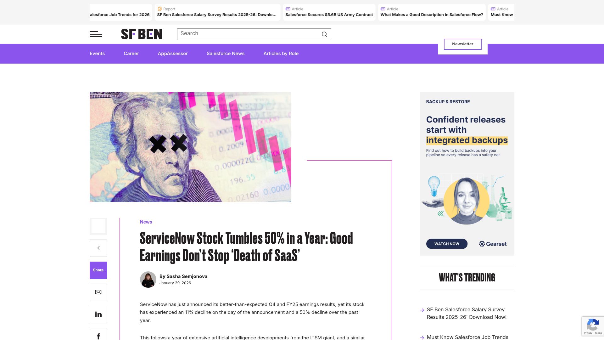 Screenshot of salesforceben.com: ServiceNow Stock Tumbles 50% in a Year: Good Earnings Don't Stop 'Death of SaaS'