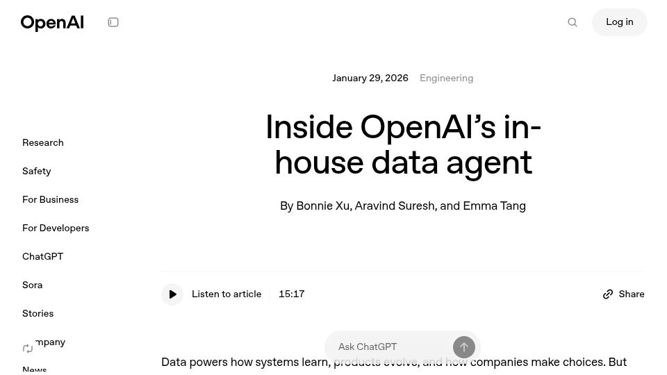 Screenshot of openai.com: OpenAI's In-House Data Agent