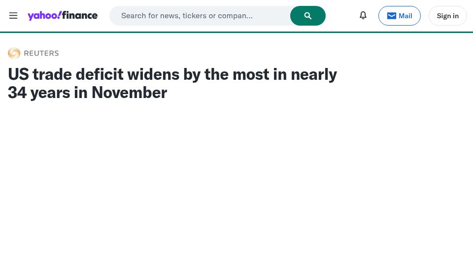 Screenshot of finance.yahoo.com: US trade deficit widens by the most in nearly 34 years in November