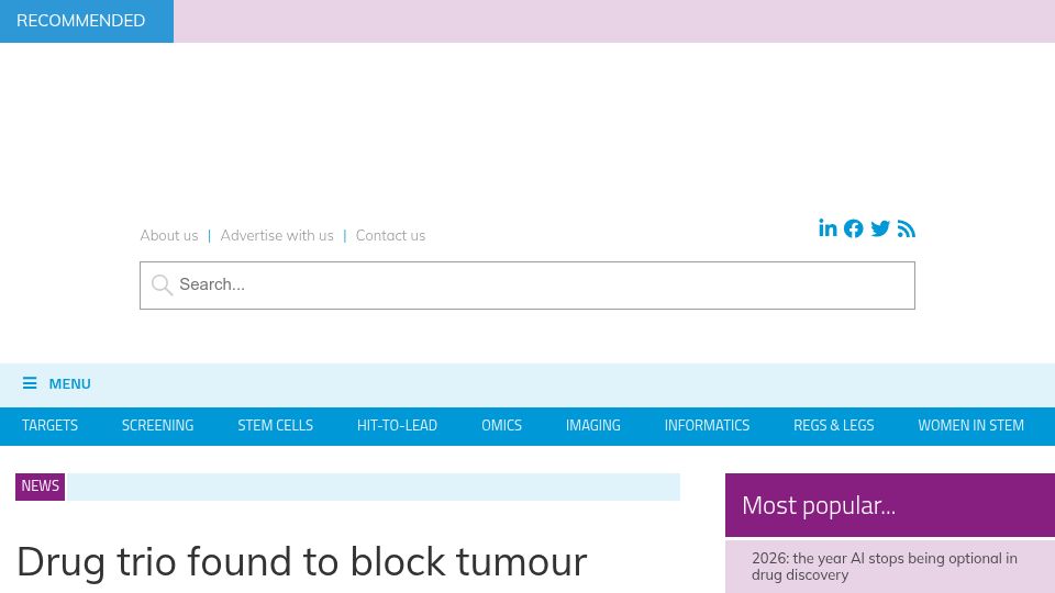 Screenshot of drugtargetreview.com: Drug trio found to block tumour resistance in pancreatic cancer in mouse models