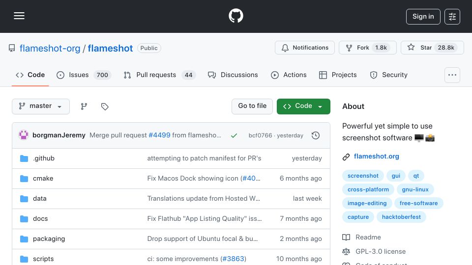 Screenshot of github.com: Flameshot